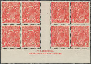 PENNY-HALFPENNY RED: Electro 17 & 18 TS Harrison Imprint blocks of 4 (No Stop after 'PRINTER ') or 8 (Stop after 'PRINTER.') BW #90(17)z & 90(18)z, both lightly mounted in the margins only, Cat $700+ (mounted). (2 blocks)