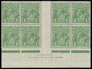 ONE PENNY GREEN: Plate 3 Watermark Inverted AJ Mullett Imprint block of 8 with White Flaw below Emu BW #80a(3)z, well centred, Cat $750+ (mounted).