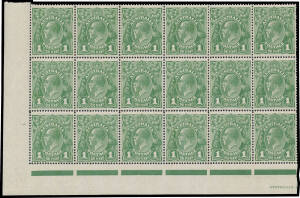 ONE PENNY GREEN: Plate 4 Watermark Inverted BW #80a corner block of 18 with Retouches to Ferns & 'RA' Joined #80a(4)ib & ja, well centred, fragile with some minor perf-separation, unmounted, Cat $720++.