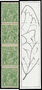 ONE PENNY GREEN: vertical strip of 4 on Very Thick Paper with "Watermark" of a Leaf!!, exceptionally well centred, vertical crease and a few short perfs, the central perfs reinforced. An extraordinary item! Ex Don Landers: acquired at the Prestige Philate