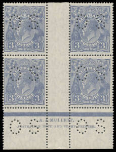 THREE PENCE BLUE: Plate 4 Type A punctured 'OS' BW #106ba AJ Mullett Imprint block of 4 #106(4)z, lightly mounted only in the gutter, Cat $1300+ plus a premium for the imprint.