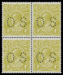 FOUR PENCE OLIVE: 4d greenish olive punctured 'OS' BW #115b block of 4, well centred, unmounted, Cat $2400+. Superb!