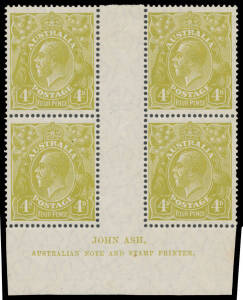 FOUR PENCE OLIVE: Plate 3 John Ash Imprint block of 4 BW #115(3)z, lightly mounted in the margin only, Cat $1200+ (mounted).