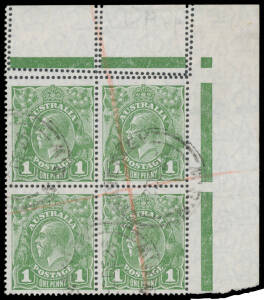 ONE PENNY GREEN: Upper-right corner block of 4 with Double Perfs at the Top BW #80b, red registration line, 'WAVERLEY/2DE26/=NSW=' cds, Cat $200+. A remarkable postal usage.