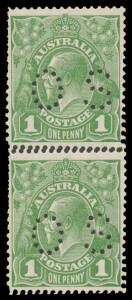 ONE PENNY GREEN: Plate 1 Die II punctured 'OS' vertical pair BW #81(1)i with Double Perforations #81b, unmounted, Cat $1000++.