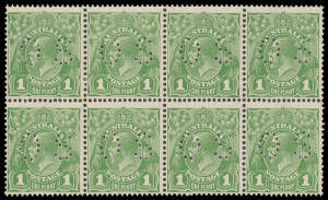 ONE PENNY GREEN: Plate 1 block of 8 [R49-52/55-58] punctured 'OS' comprising four Die I-II pairs BW #81(1)ic, one normal unit with a hinge remainder otherwise unmounted, Cat $2200+.