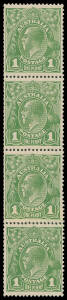 ONE PENNY GREEN: Plate 4 Watermark Inverted vertical coil strip of 4 with coil join between the last two units, the upper units plated as [L48/54/60] with Retouches to Ferns and 'RA' of 'AUSTRALIA' Joined BW #81a(4)ib & ja, a trifle aged, three units unmo
