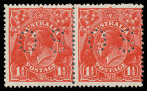 PENNY-HALFPENNY SCARLET: Intense golden scarlet punctured 'OS' - as always - BW #92K horizontal pair, Cat $1500+.