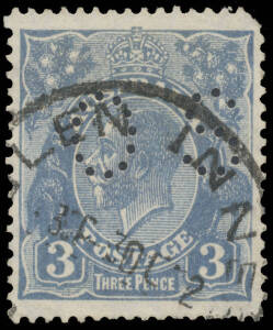 THREE PENCE BLUE DIE II: Watermark Inverted punctured 'OS' BW #108aa, exceptional centring, rounded corner at upper-right, very fine 'GLEN INNES/3DE32/NSW' cds, Cat $25,000. A rarity: the ACSC states "...there are three used examples punctured 'OS' known.