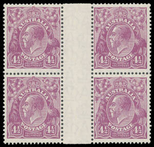 FOUR PENCE HALFPENNY VIOLET: 4&frac12;d BW #120B gutter block of 4, unmounted, Cat $700+.