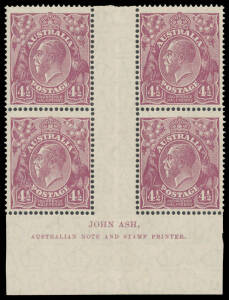 FOUR PENCE HALFPENNY VIOLET: John Ash Imprint block of 4 with White Flaw below Left-Hand Wattles BW #120z, lightly mounted in the gutter only, Cat $850+ (mounted). [The ACSC lists the varieties on imprint blocks as "u" & "ua"; they should be "ve" & "vf"]