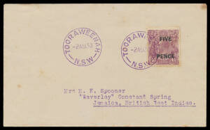 'FIVE PENCE' on FOURPENCE-HALFPENNY VIOLET: Single tied to plain cover to Jamaica (!) by superb 'TOORAWEENAH/2AU30/NSW' cds in violet BW #125y, minor aging & toning, Cat $1500. A very scarce First Day Cover.