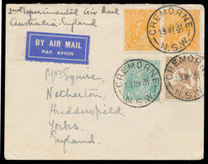 ONE SHILLING & FOURPENCE GREENISH BLUE: 1/4d + KGV &frac12;d orange pair & Kangaroo 6d brown tied to airmail cover to England by superb 'CREMORNE/ 13MY31/NSW' cds, 'NETHERTON/HUDDERSFIELD' arrival b/s, Cat $400+ on cover. Superb! [There was some confusion about 