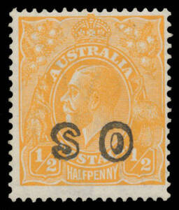 HALFPENNY ORANGE: &frac12;d orange with 'OS' Overprint Inverted as BW #69(OS)c but it's a forgery.