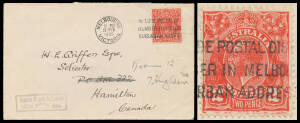 TWO PENCE SCARLET: 2d scarlet with prominent Kiss Print BW #103cb tied to cover to Canada by Melbourne slogan cancel of 15FEB/1935, minor repaired opening tear just clear of the stamp, Cat $500 (on cover). [The ACSC states "Two examples are recorded, on c