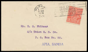 TWO PENCE SCARLET: 2d with typed "Tatter/sall" underprint in red on Union Steam Ship Co cover from Hobart to Samoa. The stamp is not fully adhered to the cover & can be lifted to view the underprint.