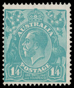 ONE SHILLING & FOURPENCE GREENISH BLUE: 1/4d deep turquoise BW #131C, faint bend at lower-right, unmounted, Cat $8500. [Arthur's very lightly mounted example sold for $5950]