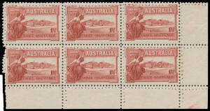 VARIETIES: Lower-right corner block of 6 (3x2) with Double Perfs on All Sides BW #132bc, a few tonespots at right, four units are unmounted, Cat $1100+. Offered "as is".