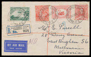 PUNCTURED 'OS': 1930 airmail cover with Swan 1&frac12;d, Air 3d, Sturt 1&frac12;d (rounded corner) & KGV 2d red all punctured 'OS' tied by 31mm 'PARLIAMENT HOUSE CANBERRA/FCT' cds, blue & black/white registration label. [The rate was 2d + 3d airmail + 3d registration =