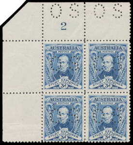 PUNCTURED 'OS': 1&frac12;d Plate Number '8' block of 4 (unmounted) & 3d blue Plate Number '2' block of 4 (lower units unmounted), both with clipped corner at upper-left, Cat $900+ (mounted). (2 blocks)