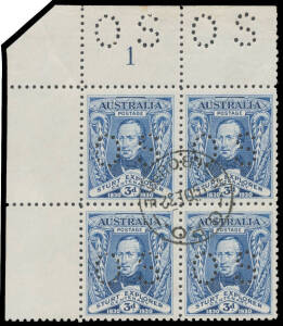 PUNCTURED 'OS': 3d blue Plate Numbers '1' (large-part o.g.) and '2' (no gum) blocks of 4, both with clipped corner at upper-left, CTO with different Melbourne GPO cds, Cat $1150+ (mint). [Much scarcer CTO than mint because most CTO stock was divided into 