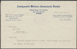 LORD HOWE ISLAND PROVISIONAL: Amalgamated Wireless letterhead to prominent collector Alec Rosenblum with typed 'LORD HOWE ISLAND/6th Sept 1930/Herewith please find 5/- worth Sturt stamps, as requested per Radio of 3rd inst", signed "SFenton" & with a ligh