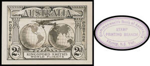 ORIGINAL ARTWORK: Official photographic reduction to 200% stamp-size of Frank Manley's original (amended) artwork showing the "Southern Cross" flying to the West, oval 'Commonwealth Bank of Australia/STAMP/ PRINTING BRANCH/Fitzroy N6 Vict' [sic] cachet in