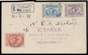 FIRST DAY COVER: 2d 3d & 6d tied to registered Ken Baker cover by untidy Melbourne cds of 18MR31, being the day before issue. [The clerk may have deliberately applied the cds poorly because he would have been dressed-down by his superiors if they became a