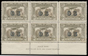 Two marginal blocks of 4 plus imprint strips of 3 x2 & block of 6 (3x2); then with 'OS' Overprint corner blocks of 6 (2x3) & 10 (2x5) plus imprint strip of 3 (CTO) & block of 6 (3x2), many units are unmounted.