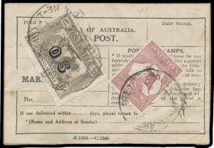 OVERPRINTED 'OS': Covers 1) 1931 airmail registered to London with 6d x3 (one without overprint) & numerous instructional handstamps; 2) 1932 airmail to King Island with 6d & KGV 2d; and 3) 1930s parcel label with 6d & Roos 2/- maroon (Third Wmk ?). Scarc
