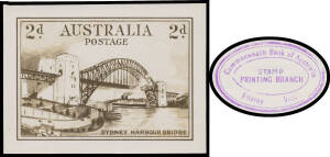 ORIGINAL ARTWORK: Official photographic reduction to 200% stamp-size of Frank Manley's original artwork for the issued 2d design, oval 'Commonwealth Bank of Australia/STAMP/PRINTING BRANCH/Fitzroy Vict' [sic] cachet in violet on the reverse. Superb! Unlis