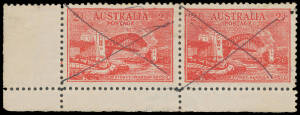 POSTAL FORGERY: 2d red BW #149c horizontal pair from the lower-left corner of the sheet, both units defaced with manuscript "X", a few split/rejoined perfs between the units, large-part o.g., Cat $4000+. [Arthur's marginal strip of 3 sold for $4998]