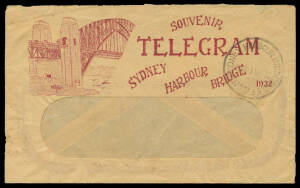 COVERS: Opening Day cover with the commemorative slogan cancel & 'SYDNEY HARBOUR BRIDGE/ 1 ' cds; parcel label with 3d Plate Number '4' pair + Large Kookaburra 6d x3; Local OHMS cover with 2d overprinted 'OS'; and window-envelope for the illustrated teleg