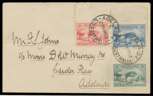 COVERS: 2d & 3d tied to plain cover by Adelaide cds of 14MR32 being the First Day of issue, 5/- later added across the cds which was nefariously "reinstated", minor blemishes.