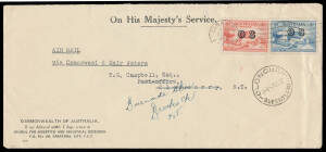 COVERS: 2d & 3d both overprinted 'OS' tied to CSIRO cover by air to "Cloncurry NT" - Cloncurry is actually in Queensland - by 'CANBERRA/28OCT/1932/FCT AUST' machine cancellation, Brisbane & Cloncurry transit datestamps, forwarded to "Burnside Station/Broc