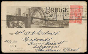 COVERS: Samuel Wood (Sydney) illustrated 'BRIDGE/SYDNEY HARBOUR/LETTERETTE' with five fold-out postcard-size photos of the bridge, Typo 2d tied by Opening Celebrations slogan cancel of 28MAR/1932.