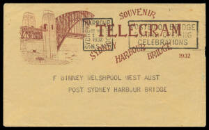 ILLUSTRATED TELEGRAMS: Telegram with South-East Pylon cds of 21MR32, the matching envelope with Opening Celebrations slogan cancellation. (2 items)