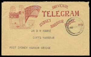 ILLUSTRATED TELEGRAMS: Telegram with South-East Pylon cds of 19MR32 (the Opening Day), the matching envelope - minor repaired tear at the top - with 'SYDNEY HARBOUR BRIDGE/ 1 ' cds. (2 items)