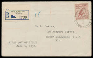 Pair, two marginal blocks of 4, unmounted corner block of 6 with Break in Top Frame above 'AL', imprint blocks of 4 from Plate 1 x2 & Plate 2, registered First Day Cover & small parcel tag to Hobart with 6d + KGV 1d green, condition variable. (9 items)