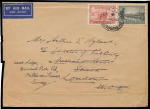 POSTAL HISTORY: Perf 10&frac12; 1/- black on commercial airmail covers to London at 1/2d (1934) & 1/6d rates, also Perf 11&frac12; 1/- black + Roos 2/- pair - on large-piece of a parcel label. (3 items)