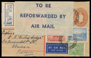 POSTAL HISTORY: 1935 (Sep 2) usage of Perf 11&frac12; set plus Macarthur 2d Dark Hills & KGV 1d green on 5d Registration Envelope to "Abadan/Persia", large post office label 'TO BE/REFORWARDED BY/AIR MAIL' folded to the front & mss "AV2", 'QUETTA' (India) & 'BAS