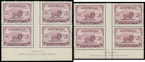 Exhibit pages etc with blocks of 4 including 2d Dark Hills x2, 9d gutter block of 4 (**), imprint blocks of 4 - including 2d Dark Hills - from the upper & lower sheets, etc, most units are unmounted, also 3d block of 6 on airmail cover to England & 9d str
