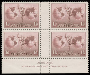 NO WATERMARK: John Ash imprint block of 4 with Retouched Shading Above-Left of Globe BW #161za, the upper units very lightly mounted, the lower units unmounted, Cat $400 (mounted). Superb!