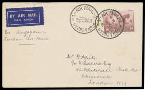 NO WATERMARK: Single tied to airmail cover to London by superb 'AIR MAIL/ 1 1DE34 1/SYDNEY NSW' cds being the First Day of Issue BW #161y, tiny tear at upper-left, Cat $500.