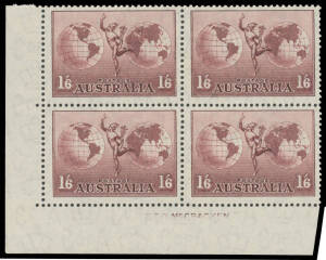 WATERMARK THIN PAPER: WCG McCracken Imprint block of 4 as BW #163z but with Severely Damaged Imprint (the Second Line Omitted), unmounted. A dramatic variety. [The ACSC states in a footnote "...thought to be caused by paper folds". That is clearly not the
