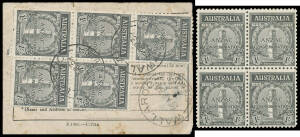 Exhibit pages etc with unmounted blocks of 4, 2d complete set of 12 Plate Number blocks of 4 plus extras, & a few others, many blocks/units are unmounted; also commercial airmail cover with 2d strip of 3 & 1/-, and parcel label with rare franking of 1/- b