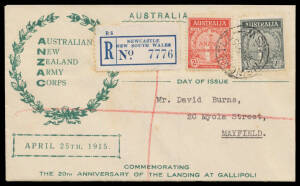 FIRST DAY COVER: 2d & 1/- on illustrated cover BW #165y with 'NEWCASTLE/18MR35/NSW' cds & registration label, faint toning around the adhesives, Cat $300+ (for a plain cover).