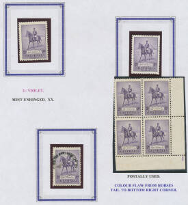 Selection on leaves including 3d block of 16 (4x4) with three varieties noted **, 3d imprint/Plate '1' block of 40 (10x4), 2/- singles ** & postally used and a lower-right corner block of 4 with Plate Number '1' (Inverted & Reversed) at lower-right (somew