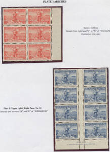 Exhibit pages etc with publicity photo of the 3d, complete set of the 20 Plate Number blocks of 4 plus some extras, listed varieties in positional blocks etc, many blocks/units are unmounted; also First Day Covers comprising 2d & 3d on plain registered co
