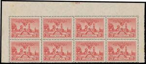 VARIETIES: 2d block of 8 (4x2) from the top of the left-hand pane with Four Vertical Lines Printed in the Upper Margin, unmounted. [The ACSC states that 7 plates were used but that "There are no...plate identification marks on the sheets". The marginal ma